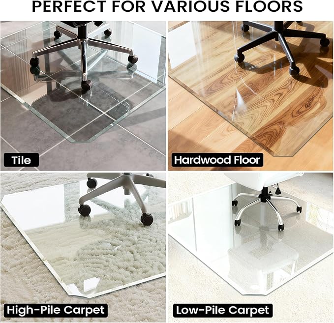 Tempered Glass Chair Mat with Patented Beveled Edge, 36”x46” 1/5" Thick Office Floor Mat for Carpet & Hardwood, w/ 12 Anti-Slip Pads