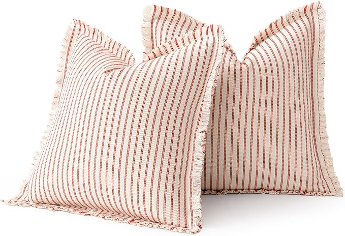 MIULEE Pack of 2 Christmas Red Pillow Covers 26x26 Inch Striped Farmhouse Couch Throw Pillow Covers with Fringe Chic Linen Decorative Cushion Eruo Sham for Sofa Living Room Bed Outdoor Home Decor
