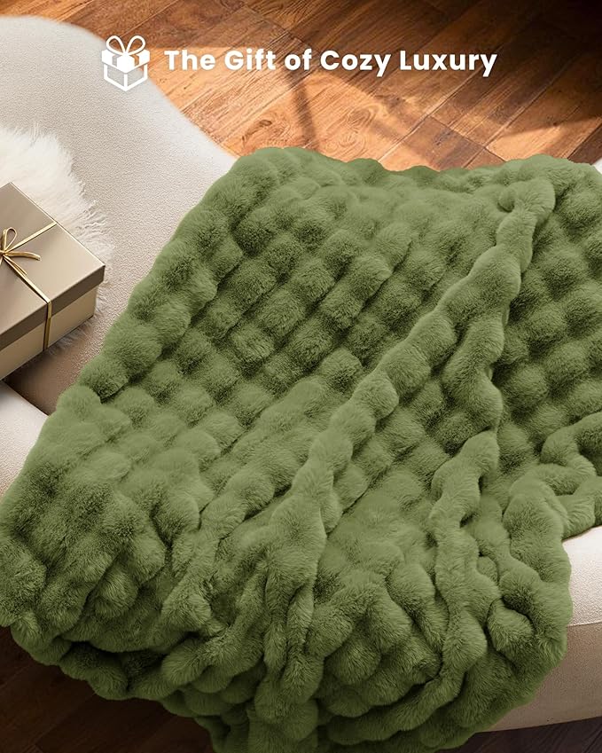 Ultra Soft Cozy Faux Fur Throw Blanket, Fuzzy Plush Thick Bubble Blanket, Oversize Luxury Fluffy Blanket for Couch, Sofa, Bedroom, and Living Room,50x60 Inches,Sage