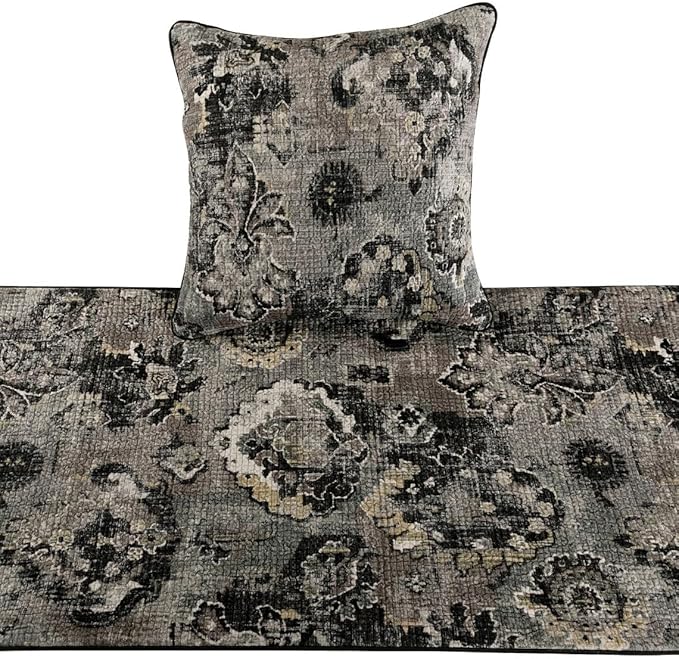 The HomeCentric Decorative Black & Grey CA King 86 x 18 inch Bed Runner with 2 Matching Pillow Cover, Velvet Damask with Tassels Bed Scarf, Abstract Modern - Paved Damask