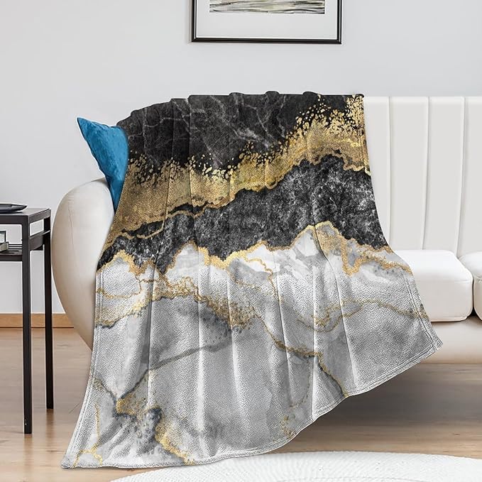 Modern Marble Blanket, Abstract Luxury Baroque Golden Black White Stone Veins Pattern Soft Warm Cozy Plush Flannel Covers for Livingroom Bedroom Couch Chair Camping Travel Home Decor Tapestry 50x60in