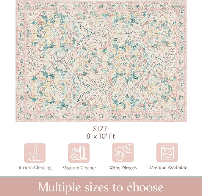 MUJOO Pink Washable Rugs 8x10,Floral Area Rug for Living Room Dining Room Bedroom,Large Throw Carpet,Boho Non Slip Indoor Floor Big Soft Botanical Vintage Ultra-Thin
