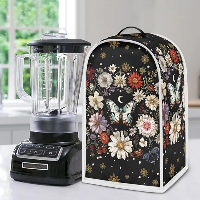 Floral Butterfly Blender Cover Dust Cover Black Insulated Kitchen Appliance Cover for Coffee Machine Juice Maker Washable Food Processor Protective Cover Kitchen Accessory