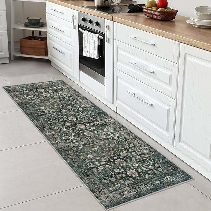 KUTA Runners for Hallways 2x6 Dark Green, Vintage Floral Rug Non-Slip Washable Kitchen Rugs Ultra Thin Soft Printed Retro Distressed Flower Carpet Entryway Rugs for Bedroom Laundry Nursery
