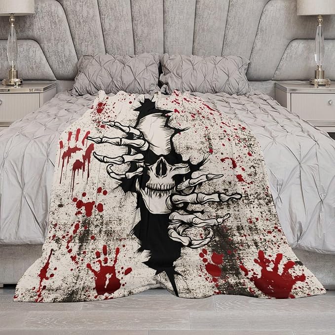 Horror Skull Throw Blanket, Halloween Day of The Dead Vintage Gothic Scary Blood Hand Soft Warm Fleece Blanket for Bed Couch Living Room All Season, 50"x60"