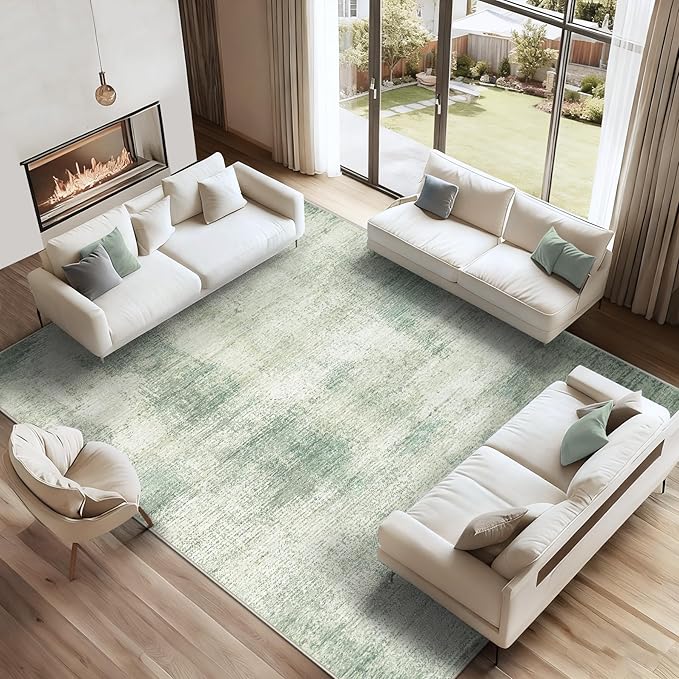 9x12 Area Rugs for Living Room: Washable Modern Abstract Rug Large Soft Non-Slip Rugs Indoor Low-Pile Carpet for Bedroom Dining Room Home Office (Green, 9'x12')