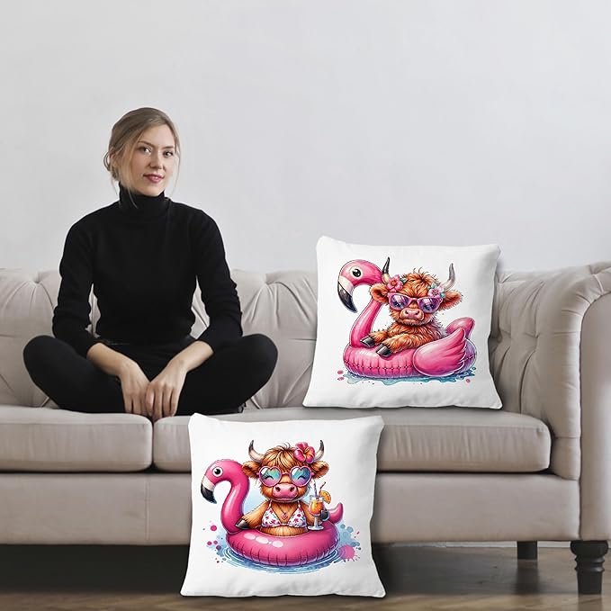 Hot Pink Summer Cow Pillow Covers 18x18 Set of 2, Cow Room Decor, Coastal Beachy Trendy Aesthetic Cute Fluffy Cows Decorative Throw Pillow Covers for Home Bedroom Living Room