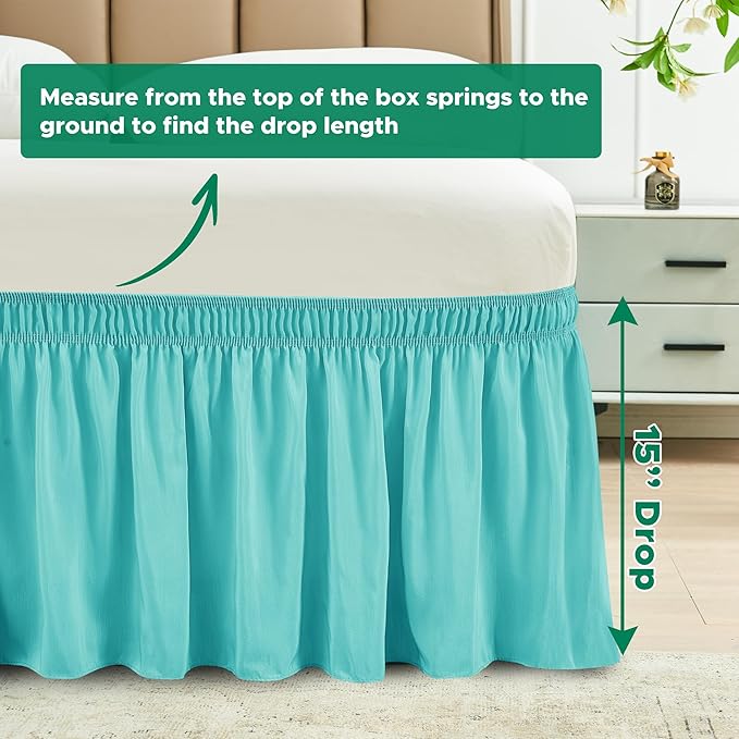 Biscaynebay Wrap Around Bed Skirts for Twin & Twin XL Beds 15" Drop, Aqua Adjustable Elastic Dust Ruffles Easy Fit Wrinkle & Fade Resistant Silky Luxurious Fabric Machine Washable