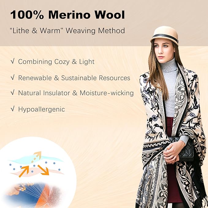 DANA XU 100% Merino Wool Extra Large Pashmina Blanket Travel Scarf Cashmere Wrap for Women Fall Winter Oversize Shawl Floral