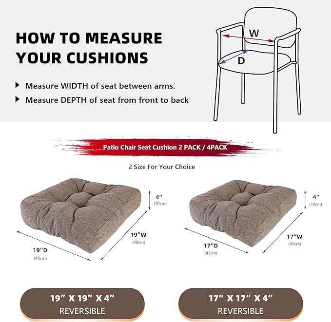 RACE LEAF Patio Chair Cushions 19x19 4 Pack, Heavy Duty Memory Foam Outdoor Cushions Water Resistant Non-Slip Bottom Tufted (Brown)