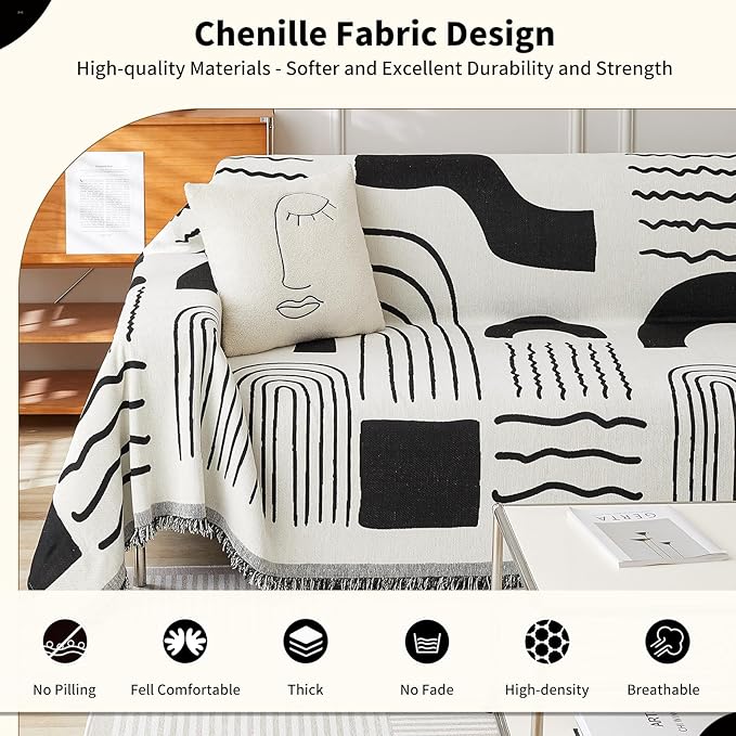 Boho Chenille Couch Cover with Tassels, Bohemian Sofa Cover for 3 Cushion Couch, L-Shaped Sectional, Loveseat, 2/3/4 Seater (71" x 102", Black)
