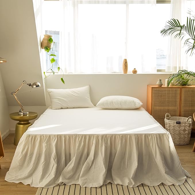 BISELINA French Linen Bed Skirt with Pleated Frills 18-Inch Tailored Drop Natural Flax Cotton Blend Dust Ruffle Soft Cozy Farmhouse Bedding (18" King, Ruffle White)
