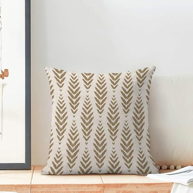 BETGINY Tan Khaki Boho Pillow Covers 18 x 18 Inch Pack of 2, Bohemian Ethnic Herringbone Pattern Decorative Throw Pillow Covers Linen Modern Geometry Farmhouse Outdoor Pillowcase for Sofa Couch Decor