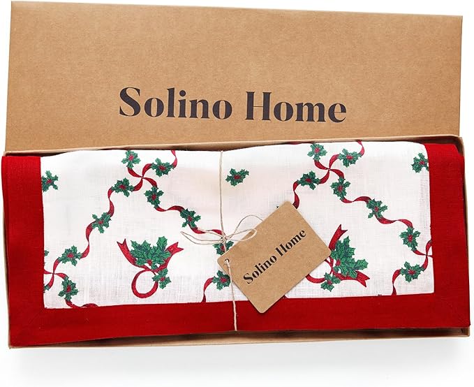 Solino Home 100% Pure Linen Christmas Table Runner 72 Inches Long - Red and Green Table Runner 14 x 72 Inch - Handcrafted and Machine Washable - Holly Ribbon Print