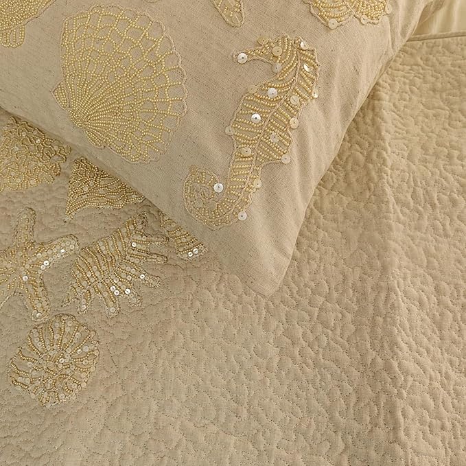 The HomeCentric King Queen Twin Beige Handmade Twin 53"x18" Bed Runner with Pillow Cover, Pearl Embroidery Bed Scarf on Linen Fabric - Off to The Sea