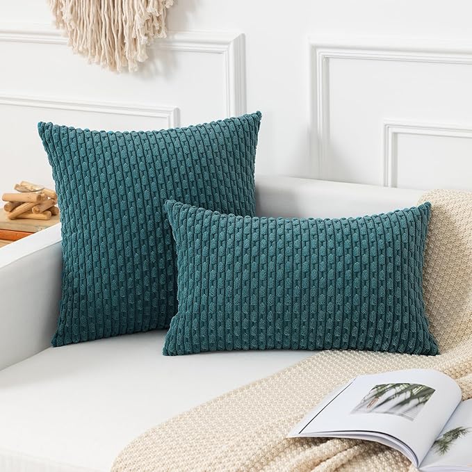 Kevin Textile 12x20 Inch Pillow Cover 1 Pack Boho Decorative Soft Striped Corduroy Lumbar Farmhouse Color Accent Rectangle Cushion Case for Living Room Couch Sofa Bed, Teal Blue