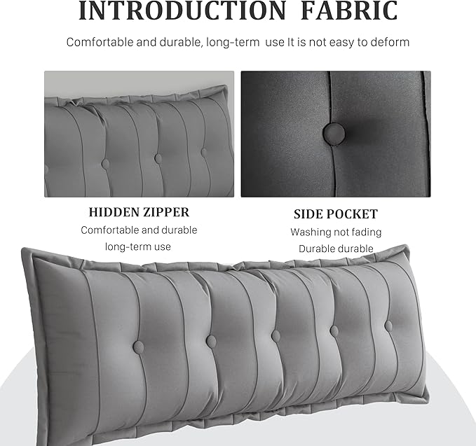 Large Bolster Reading Pillow Full Backrest Positioning Support Pillow Daybed Cushion Headboard Pillows for Bed Bunk Sofa with Removable Cover, Grey, 54x3x20 Inch
