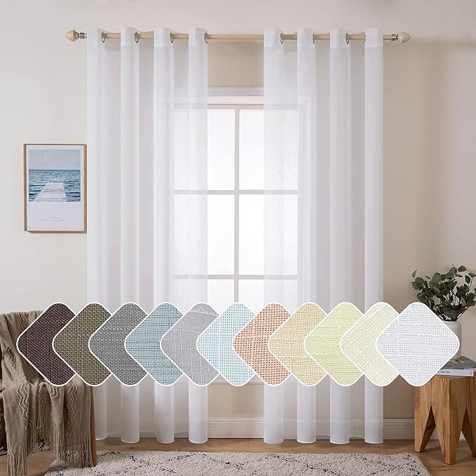 MIULEE 2 Panels 84 Inch Farmhouse Linen Sheer Window Curtains - Elegant Solid White Drapes With Grommet Top - Linen Textured Voile for Bedroom Living Room (52 X 84 Inch)