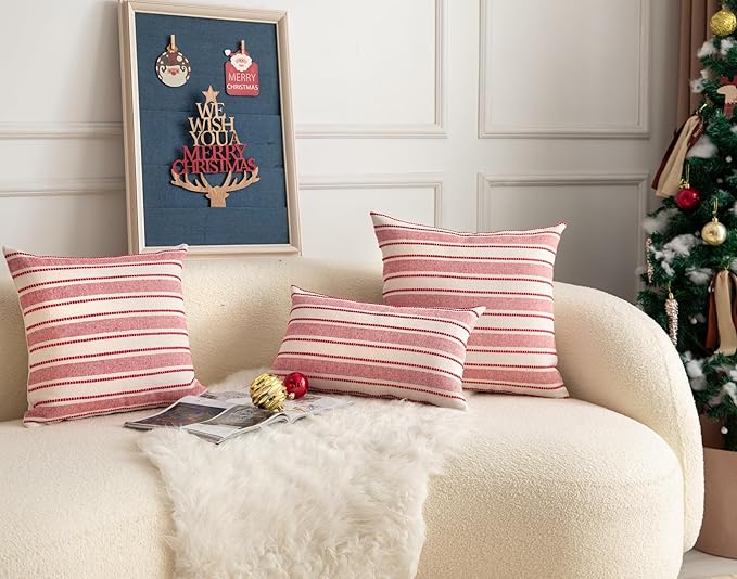 Christmas Pillow Covers, Boho Textured Red Pillow Case, Pillow Covers 18 x 18 Inch Set of 2 Christmas Decorative, Chair Sofa Bedroom Living Room Home Holiday Decor Cushion Case