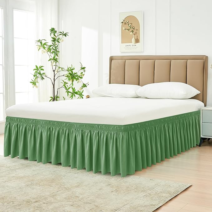 Biscaynebay Wrap Around Bed Skirts for King & Cal King Beds 18" Drop, Sage Adjustable Elastic Dust Ruffles Easy Fit Wrinkle Resistant Silky Luxurious Fabric Machine Washable