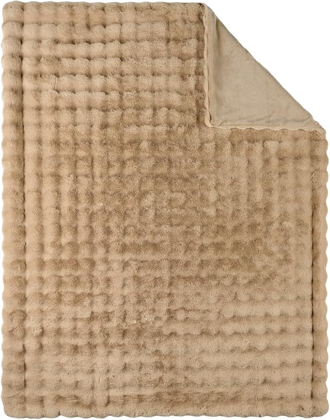Lotus Karen Queen Size Faux Fur Blanket Khaki - Big Bubble Rabbit Fluff Blanket for Bed, Large Fluffy Fuzzy Cozy Blanket, Thick Furry Plush Shaggy Blankets, 90x90 Inches