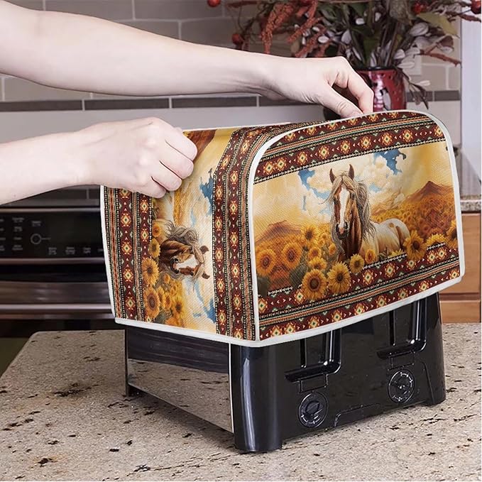 Aztec Horse Sunflower Printed Toaster Cover for Home, Tribal Horse Printed Bread Maker Cover Dirt and Fingerprint Protection, 2 Slice Toaster Oven Covers Kitchen Accessories
