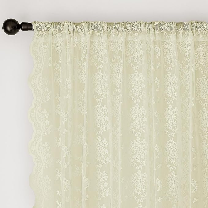 Anmao Vintage Lace Curtains 45 Inches Long 2 Panels Set, Romantic Elegant Light Filtering Semi Sheer Floral Thick Lacy Curtain Drapes for Living Room and Bedroom, Each Panel 55W x 45L, Cream Yellow