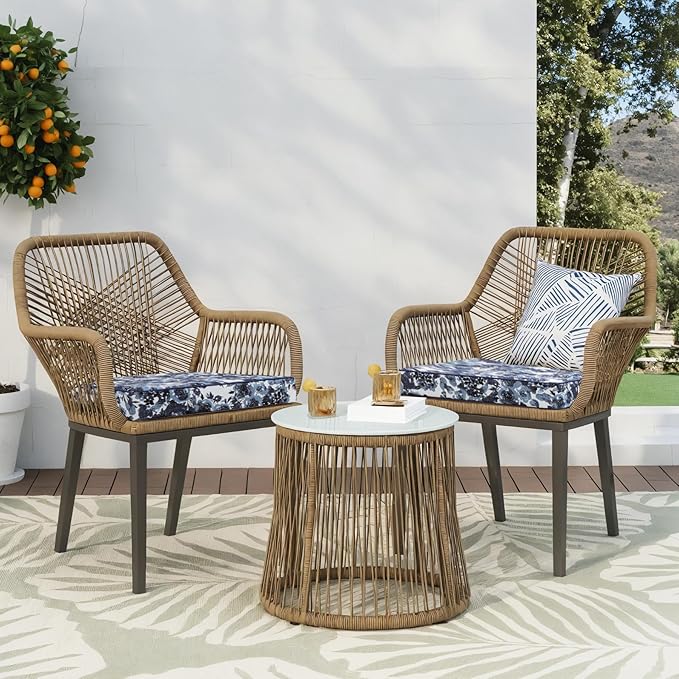Favoyard Outdoor Chair Cushion 19 x 19 x 3 In Waterproof Pattern Fade Resistant Cushions for Patio Furniture with Removable Cover Attach Straps 28D Foam Insert Cushions Pads for Seat Sofa Couch 2 Pack