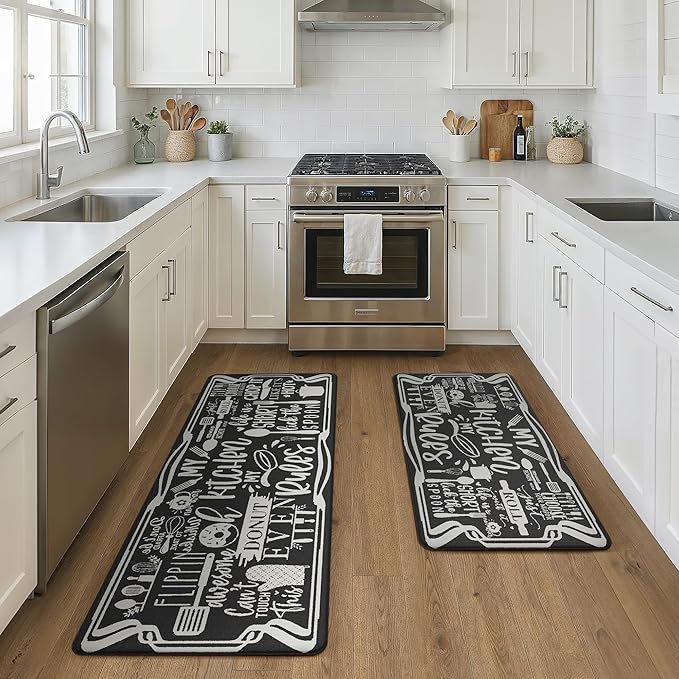 GENIMO Anti Fatigue Kitchen Mats for Floor, Non Slip Washable Kitchen Rules Theme Rugs sets of 2, Farmhouse Cushioned Waterproof Comfort Runner Rug for Kitchen, Sink, Laundry, 17"x 47"+17"x 30", Black
