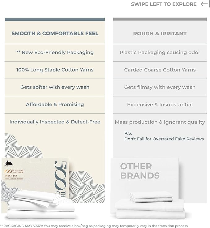 Mayfair Linen 100% Cotton Sheets Queen Size Bed Set - 500 Thread Count Sheets Queen Size 4 PC Set (White), Soft, Cooling, Hotel-Quality 16" Deep Pocket Cotton Bedsheet for Hot Sleepers