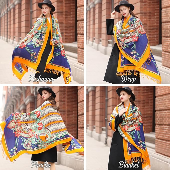 DANA XU 100% Merino Wool Extra Large Pashmina Blanket Travel Scarf Cashmere Wrap for Women Fall Winter Oversize Shawl Floral
