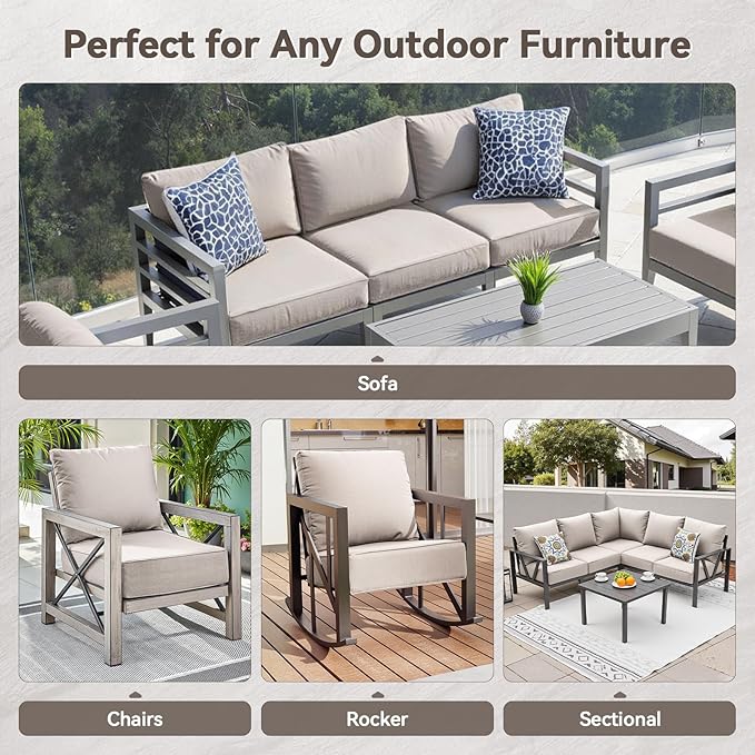 Luxury 6" Outdoor Cushions for Patio Furniture, 24x24x6" Thick Seat Cushion Set of 7, Fade Resistant Couch Chair Replacement Cushions High Density Deep Wicker Chair Cushion w/ Removable Cover, Beige