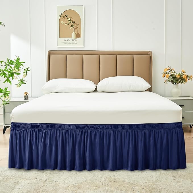 Biscaynebay Wrap Around Bed Skirts for King & Cal King Beds 19" Long Drop, Navy Adjustable Elastic Dust Ruffles Easy Fit Wrinkle & Fade Resistant Silky Luxurious Fabric Solid Machine Washable