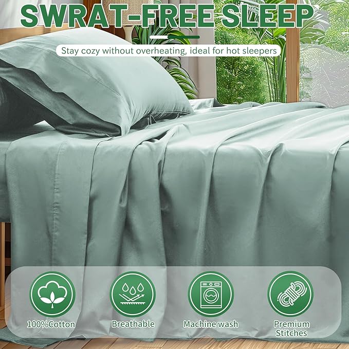 Extra Deep Pocket King Sheets 18-24 Inch 100% Egyptian Cotton 1000 Thread Count Sateen Weave Soft Breathable 4 Pieces（King，Sage Green）