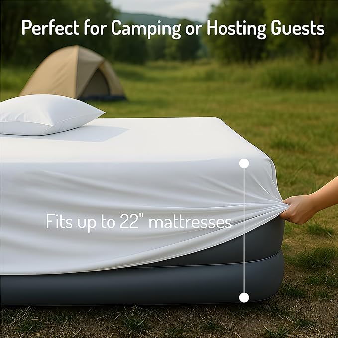 Degrees of Comfort Twin Sheet Set for Air Mattress – Extra Deep Pocket Fitted Sheet up to 22”, 4-Piece Bedding Sets with Dual Side Storage Pockets,Soft & Wrinkle-Free, Breathable Fabric, White