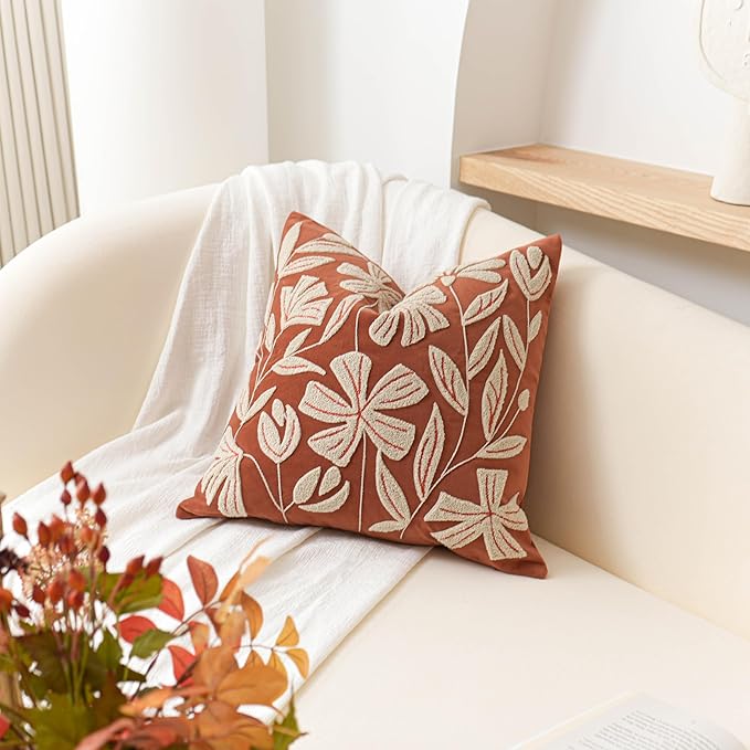 BlissBlush Fall Throw Pillow Cover 20x20, Rust Brick Red Soft Velvet Floral Decorative Accent Throw Pillowcase, Tufted Farmhouse Pillowcase for Couch Sofa Living Room Home Décor