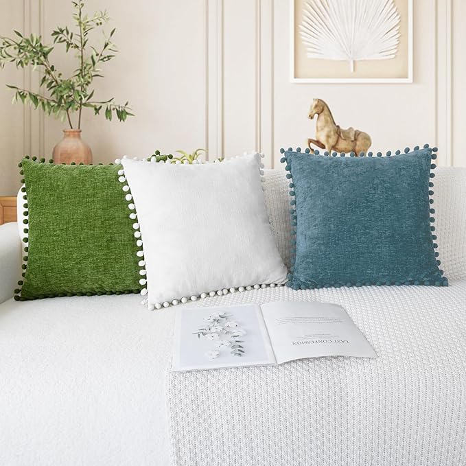 CaliTime Throw Pillow Covers Decorative 18 X 18 Inches Pack of 2 Cozy Solid Dyed Soft Chenille Cushion Cases with Pom Poms for Couch Sofa Bed Living Room Home True White