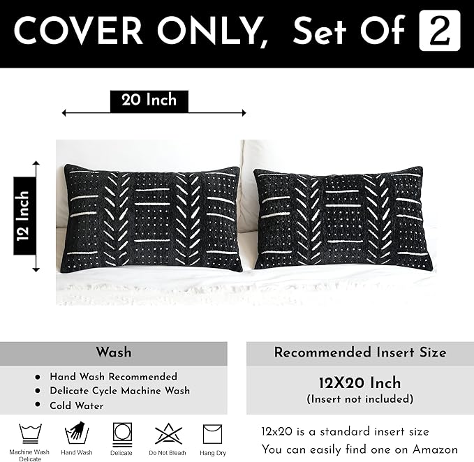 BlissBlush Black Decorative Lumbar Throw Pillow Covers 12X20, Set of 2, Boho Farmhouse Cushion Cover, Soft Accent Pillowcase for Couch Sofa Bed Living Room Home Décor