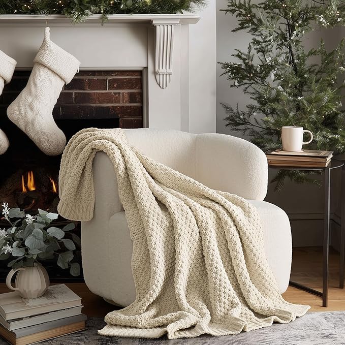 EVERGRACEHOME Chunky Chenille Knit Throw Blanket for Couch, Soft Luxurious Moss Stitch Blankets for Bed, Cozy Decorative Farmhouse Knitted Throws for Sofa, Beige, 60" x 80"