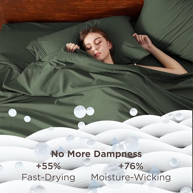 Bedsure Deep Pocket King Sheet Set - Fits Mattresses Up to 21 Inches Thick - 4 Piece GentleSoft Bed Sheets, Moisture Wicking, Soft & Cooling Bedsheet & Pillowcases, Easy & Secure Fit, Olive Green