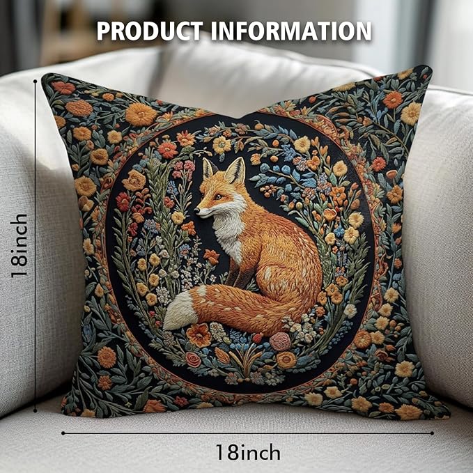 YOU FOUND ME William Morris Abstract Vintage Floral Velvet Fox Design Throw Pillow Covers Home Decor, Retro Art Deco Pillowcase Cushion Cover for Bed Sofa Living Room, Square 18x18inch (Fox)