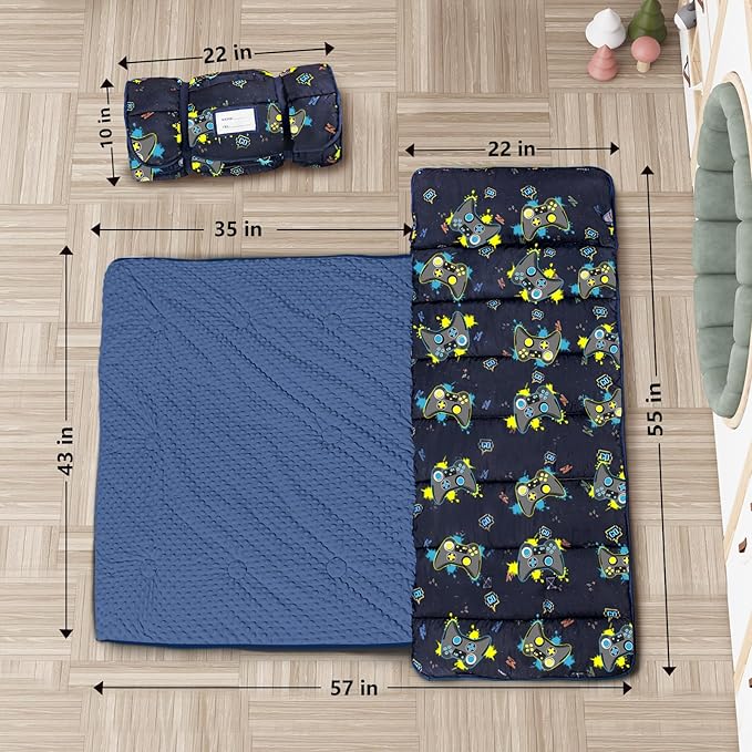 Primlect Thickened Toddler Nap Mat with Removable Pillow and Minky Blanket, Extra Large 55''x35'' Sleeping Bag, Washable, Roll up, Perfect for Daycare, Preschool, Kindergarten, Boys and Girls