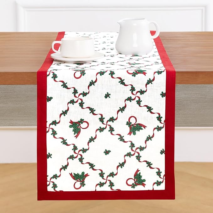 Solino Home 100% Pure Linen Christmas Table Runner 120 Inches Long - Red and Green Table Runner 14 x 120 Inch - Handcrafted and Machine Washable - Holly Ribbon Print