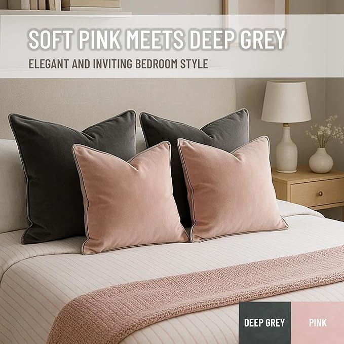 2 Pack Velvet Decorative Throw Pillow Covers, 20"x20", Pink and Grey, Solid, Modern, Contrast Piping, Indoor Use, Bedroom & Living Room