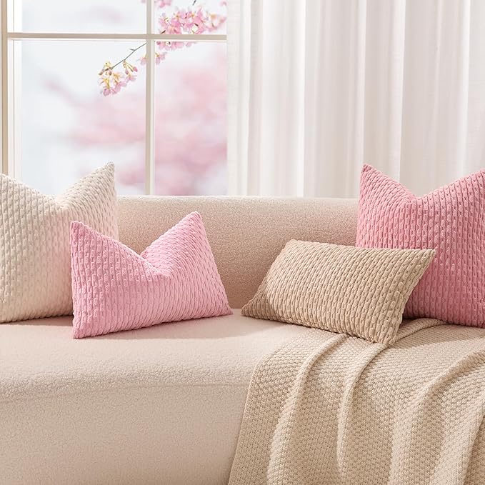 Kevin Textile Valentines Day 12x24 Inch Pillow Cover 1 Pack Boho Decorative Soft Striped Corduroy Lumbar Farmhouse Accent Rectangle Cushion Case for Living Room Couch Sofa Bed, Pink