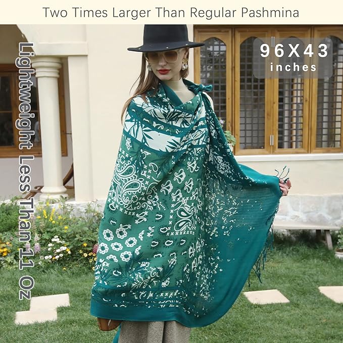 DANA XU 100% Merino Wool Pashmina Shawl for Women 96"x43", Oversized Cashmere Wrap with Tassels, Floral Travel Blanket Cape