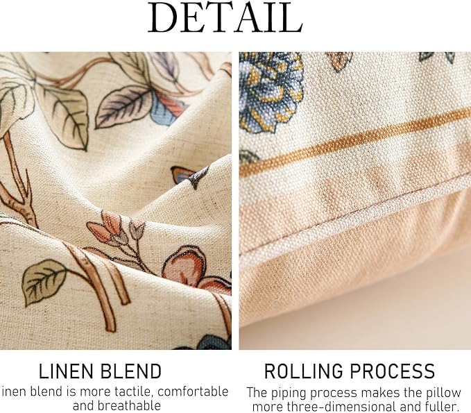 ISAENNE Design Square Floral Bird Linen Throw Pillow Covers 18"x18" Pack of 2, Yellow Pink Cushion Covers with Flower Chinese Hwamei Decor Pillowcases for Bed,Living Room,Outdoor,Car