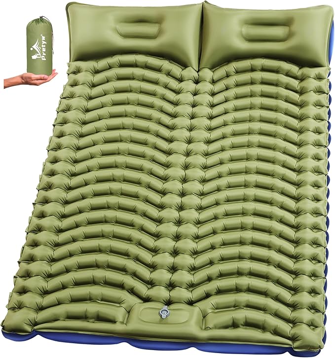 Double Sleeping Pad for Camping - Ultralight Camping Mattress with Pillow, Built-in Foot Pump, Compact Inflatable 2-Person Portable Mat for Backpacking, Hiking, Car Traveling, Beach, Tent