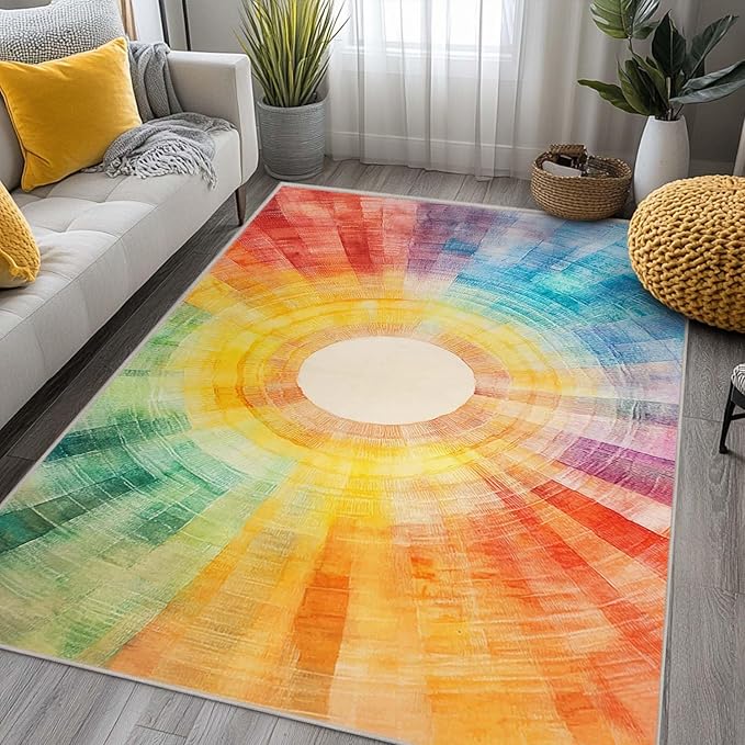 6x9 Colorful Area Rug Boho Sun Purple Red Orange Yellow Blue Green Rug Non Slip Low Pile Large Carpet for Home Kitchen Living Room Bedroom Dining Room Office