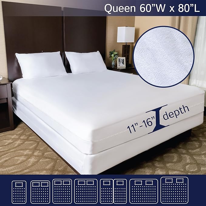 Zippered Waterproof Mattress Encasements - Hypoallergenic Mattress Protector Cover with Soft Cotton Terry Fabric Top - Queen Size 60' x 80'